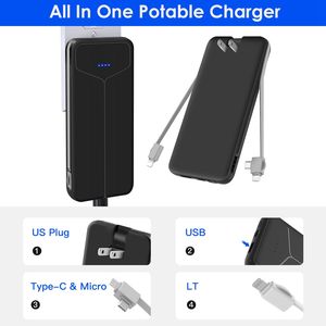 Batterie externe portable 10000mAh avec prise US, 2 câbles intégrés, 4 sorties, 3 entrées, compatible iOS Ph - Product Image 6