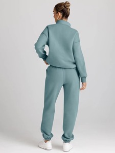 Conjunto Deportivo Azul Claro para Mujer, Sudadera con Cierre de Media Cremallera, Pantalones Largos, Corte Holgado, Color Sólido, Ropa Casual de Otoño - Product Image 3
