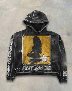 Sweat à capuche léger en coton éponge DTF pour homme, style streetwear, uni, avec impression sérigraphiée et design blanc vieilli - Product Image 2