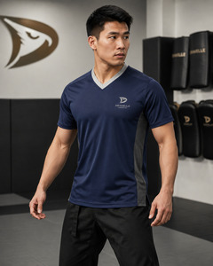 Chemise d'entraînement d'arts martiaux unisexe bleu marine à col en V, respirante, en polyester, à manches courtes, uniforme - Product Image 4