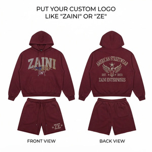 Conjunto de Sudadera con Capucha y Pantalones Cortos de Felpa de Algodón Premium de 340 GSM para Hombre, Color Marrón con Panel de Llama, Logotipo Impreso Digital Personalizado, Ropa Urbana - Product Image 1