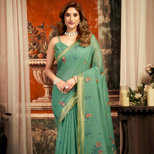 Sari en coton et soie avec bordure en dentelle tissée Zari, dernier cri, prix de gros - Product Image 1