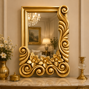 Regal Fleur Wooden Carving <b>Wall</b> <b>Mirror</b> Handcrafted Ornate Frame Premium Decorative Accent Elegant Home Living Room Decor - Product Image 2