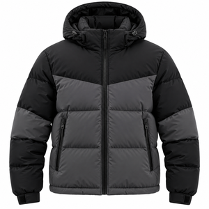 Chaqueta Acolchada Negra con Capucha para Hombre, Cierre de Cremallera, Diseño con Bloques de Color, Relleno de Poliéster, Corte Regular, para Invierno - Product Image 1