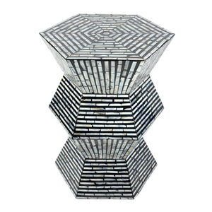 Tabouret hexagonal en MDF noir de luxe fait à la main Capiz incrustation géométrique brique motif Accent Table d'appoint pour meubles de restaurant de chambre à coucher - Product Image 1