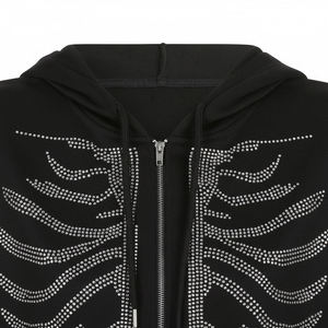 Sweat-shirt à capuche zippé noir pour homme, imprimé squelette en strass, style gothique oversize, manches classiques, en coton tricoté, pour l'automne. - Product Image 4