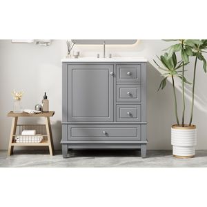 Mobile da Bagno Grigio da 30 Pollici con Lavabo, Una Porta e Ripiano, Tre Cassetti con Chiusura Ammortizzata - Product Image 1