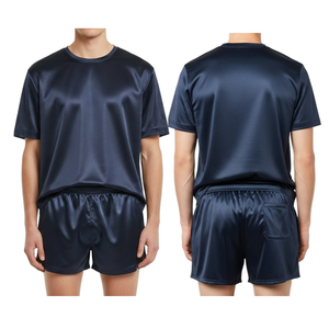 Ensemble de pyjama pour homme en satin soyeux de luxe 180g, tricoté, séchage rapide, t-shirt à col rond et short, logo frontal, bleu marine foncé, décontracté, été - Product Image 3