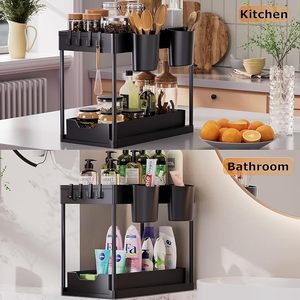 Black 2 Tier Metal <b>Bathroom</b> <b>Storage</b> Rack with Push-Pull <b>Drawer</b>, Hooks & Cups - Product Image 4