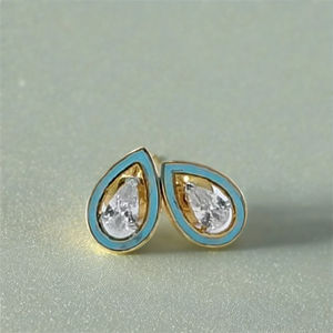 Elegant 22K Gold Teardrop Diamond <b>Stud</b> <b>Earrings</b> with <b>Blue</b> Enamel Border Stylish Minimal Jewellery for Women Daily Wear - Product Image 3
