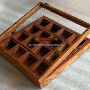 กล่องเก็บช็อกโกแลตและเครื่องเทศสไตล์ไม้ สีน้ำตาลทูโทน ทำด้วยมือ พร้อมช่องใส่ของ 16 ช่อง และช้อน - Product Image 3