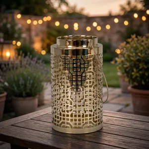 <b>Brass</b> Cylinder <b>Lantern</b> With Geometric Cutout Pattern Home Decoration Durable Outdoor Indoor Use - Product Image 4
