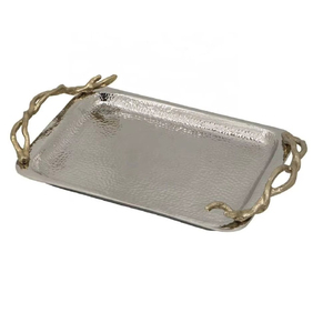 Set Of Two Metal Serving Tray With Gold Accent Handle Silver Finish For Home & Restaurant Tableware <b>Food</b> <b>Server</b> Tray - Product Image 2