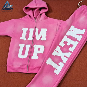 High Quality Custom Oversized Acid Wash <b>Tracksuit</b> <b>Pink</b> Distressed Raw Edge Patchwork Rhinestone Full Zip Hoodie Sweatpants Set - Product Image 1