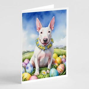 Whimsical A7 Size 5x7 New English Bull Terrier <b>Easter</b> Egg Hunt Note <b>Cards</b> <b>Pack</b> 8 Blank Greeting <b>Cards</b> with Envelopes - Product Image 1