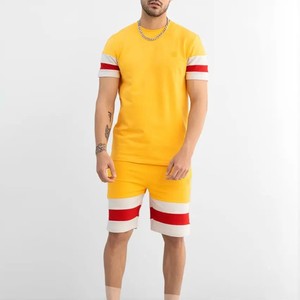 <b>Men</b> Summer Tracksuit Set <b>Yellow</b> Striped <b>Short</b> Sleeve T-Shirt and <b>Shorts</b> Casual Breathable Cotton Outfit for Adults - Product Image 1
