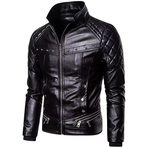 Men's <b>Black</b> Leather Jacket <b>With</b> <b>Fur</b> <b>Collar</b> Quilted Design Windproof Winter <b>Coat</b> Full Sleeve Style - Product Image 5