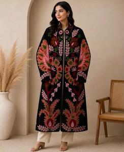 <b>Women</b> Hand Embroidered Suzani Velvet <b>Coat</b> <b>Black</b> Floral Paisley Motif Long Duster Jacket Open Front Kimono Robe Boho <b>Winter</b> - Product Image 1