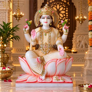 Escultura de Mármol de Laxmi Mata con Loto |   Murti de la Diosa Lakshmi de Cuatro Brazos Hecho a Mano |   MALIYAS Jaipur - Product Image 3