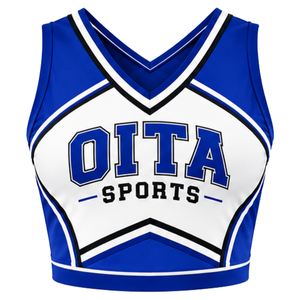 Haut court de cheerleading sans manches pour femme, bleu roi, blanc et noir, col en V, pour performance athlétique, uniforme d'équipe de cheerleading, compétition - Product Image 1