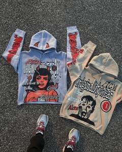 Ensemble sweat à capuche et pantalon de survêtement surdimensionné pour homme, style streetwear, imprimé DTF, coupe courte, délavé à l'acide, orné de strass - Product Image 1