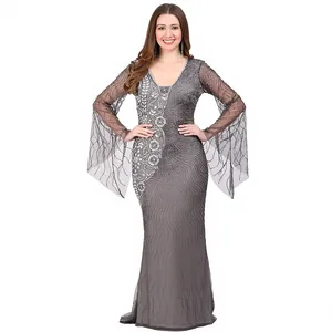 Robe de soirée de luxe en argent ardoise, richement ornée de perles de verre, robe longue avec manches longues en forme de cloche pour bal de promo, soirée formelle - Product Image 1