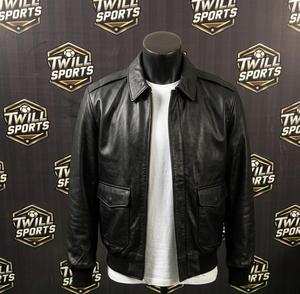 Blouson aviateur en cuir véritable pour homme, col rabattu, fermeture éclair, couleur unie, style motard, vêtement d'automne - Product Image 2