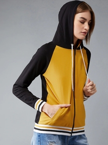 Sudadera con capucha para mujer, amarilla y negra, con bloques de color, manga larga, cremallera, informal, de punto de algodón, para otoño - Product Image 4