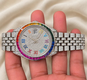 Montre de luxe en quartz Raj Gems, bracelet en acier inoxydable, lunette pavée arc-en-ciel, cadran à chiffres romains, 40 mm, unisexe - Product Image 6