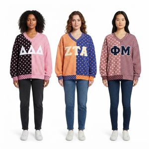 Sudadera con Cuello en V para Mujer, Azul, con Bordado Floral y Letras Griegas OKA, Manga Larga, para Otoño - Product Image 6