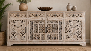 Carved Wooden <b>Sideboard</b> Console Cabinet Fluted Door <b>Storage</b> Buffet Natural Finish for Living Room Entryway - Product Image 2