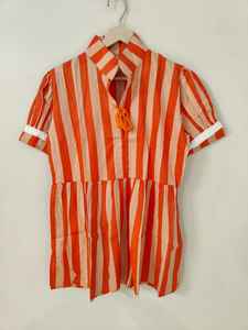 Robe en coton rayée orange pour femmes, manches courtes, col, robe d'été, robe bohème décontractée, mini robe - Product Image 5