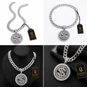 Collar con Colgante de Dólar Giratorio, Chapado en Rodio, Cadena de Aleación de Zinc Plateada, Incrustaciones de Cristal, Joyería Punk Hip Hop para Fiesta - Product Image 2