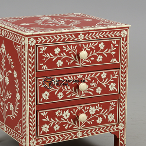 Mesita de Noche Moderna de 2 Cajones con Incrustaciones de Hueso Rojo, Ecológica y Hecha a Mano, con Patrón Floral para Muebles de Dormitorio - Product Image 5