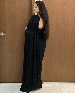 Sari indio negro de diseñador para fiesta nupcial, de invierno, étnico, elegante, de tela georgette pesada, con bordado, sin arrugas, de secado rápido. - Product Image 3