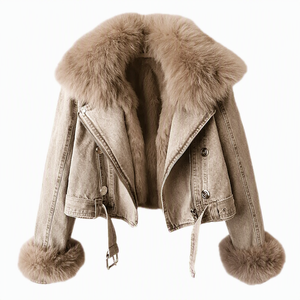 Veste moto en jean jaune pour femme avec col et poignets en fourrure de renard, manteau court chaud d'hiver à manches longues, couleur unie - Product Image 5