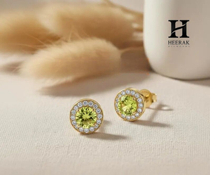 Pendientes de Oro de 14K con Halo de Piedras Preciosas Verdes, Fabricante de Joyería Fina de Lujo - Product Image 1
