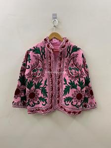 Veste décontractée pour femme grande taille, style bohème, col mandarin brodé floral rose, manches trois quarts, printemps - Product Image 5