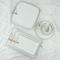 Services de table carrés en mélamine, design peint à la main, paysage zen asiatique, bordure blanche et noire, usage quotidien, qualité alimentaire, compatibles lave-vaisselle