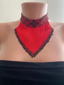 Custom beadwork Ukrainian Beaded Gerdan <b>Necklace</b> Red Black, Boho Fringe Choker, Ethnic <b>Statement</b> Piece WEDDING , ANNIVERSARY, - Product Image 1