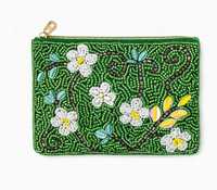 Dompet & Tas Koin Serbaguna Gaya Boho Vintage dengan Bordir Bunga Berhias Manik-Manik Buatan Tangan Mewah, Penutup Ritsleting Nilon, Lapisan Katun, Hadiah