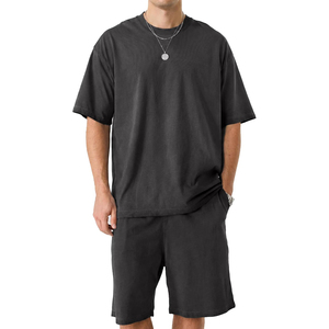 Conjunto de camiseta y pantalones cortos de algodón azul sólido para hombre, conjunto informal de verano con camiseta de manga corta tejida y pantalones cortos a juego - Product Image 6