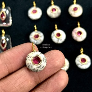 Trendy Natural Dendrite <b>Opal</b> Round Gemstone <b>Pendant</b> with Stone Inlay Gold Plated 925 Sterling Silver Charms for Jewelry Making - Product Image 2