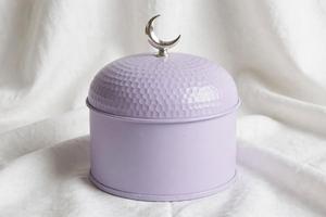 Lavender Enamel Printed Metal Dates Box Round Dome <b>Lid</b> Crescent Moon Top <b>Decorative</b> Khajur Storage Jar Eid Gift Box - Product Image 2