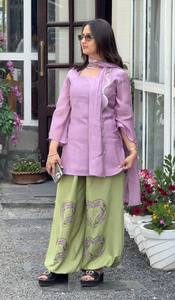 Ensemble Kurta traditionnel en coton pour femme avec pantalon ballon vert, tenue décontractée violette, coupe ample, longueur cheville, style Inde Pakistan - Product Image 3
