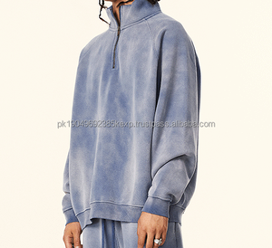 Ensemble de détente streetwear moderne pour homme, en molleton uni doublé polaire, avec sweat à col montant demi-zippé et coupe décontractée à épaules tombantes, ODM - Product Image 3