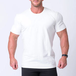 T-shirt blanc à manches courtes pour homme, col rond, coupe ajustée, couleur unie, décontracté, tricoté, 100% coton jersey, respirant - Product Image 1