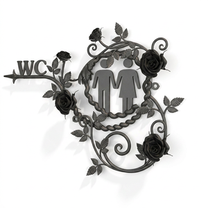 Panneau WC en fer forgé au design industriel, indicateur mural floral pour salle de bain avec forme de fleur, support mural métallique pour intérieur de centre commercial - Product Image 1