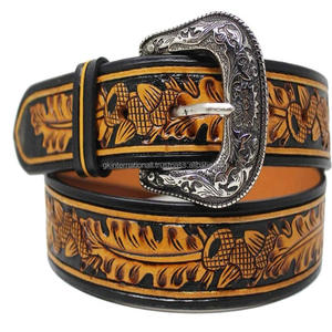 Full Grain Genuine Western leather tooling <b>belt</b> hand carved embossed designer tooled leather <b>belt</b> with <b>cowboy</b> buckle - Product Image 2
