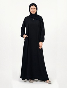 Muslim Women Everyday Casual Black Abaya Set Saudi Solid Long <b>Elastic</b> Sleeve Floor-Length Straight Modest Full Cover Simple - Product Image 3